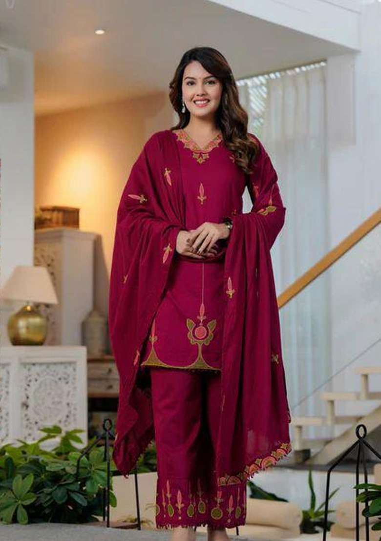 Wine Printed Cotton Kurta Set - Indya