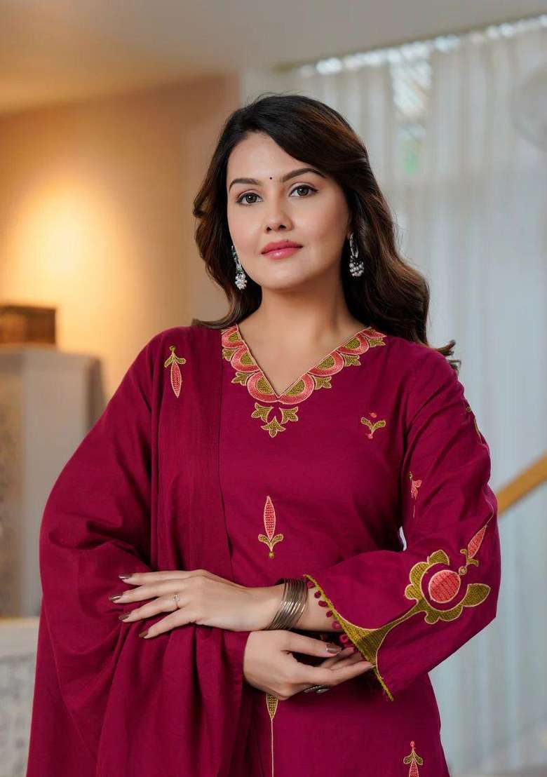 Wine Printed Cotton Kurta Set - Indya