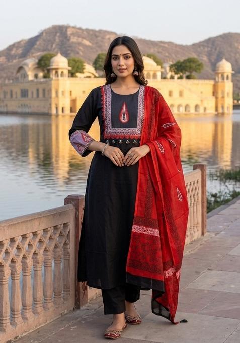 Black Printed Cotton Kurta Set