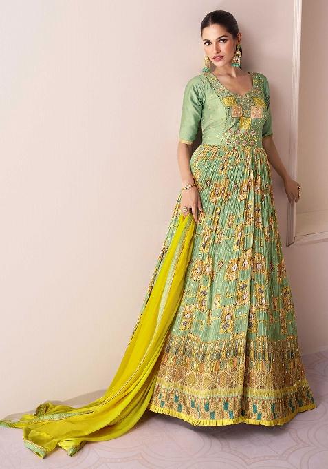 Pista Green Embroidered Georgette Kurta With Dupatta