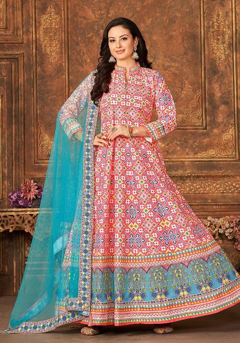 Multicolor Embroidered Silk Kurta With Dupatta