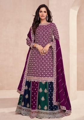 Wine Embroidered Silk Blend Salwar Kameez