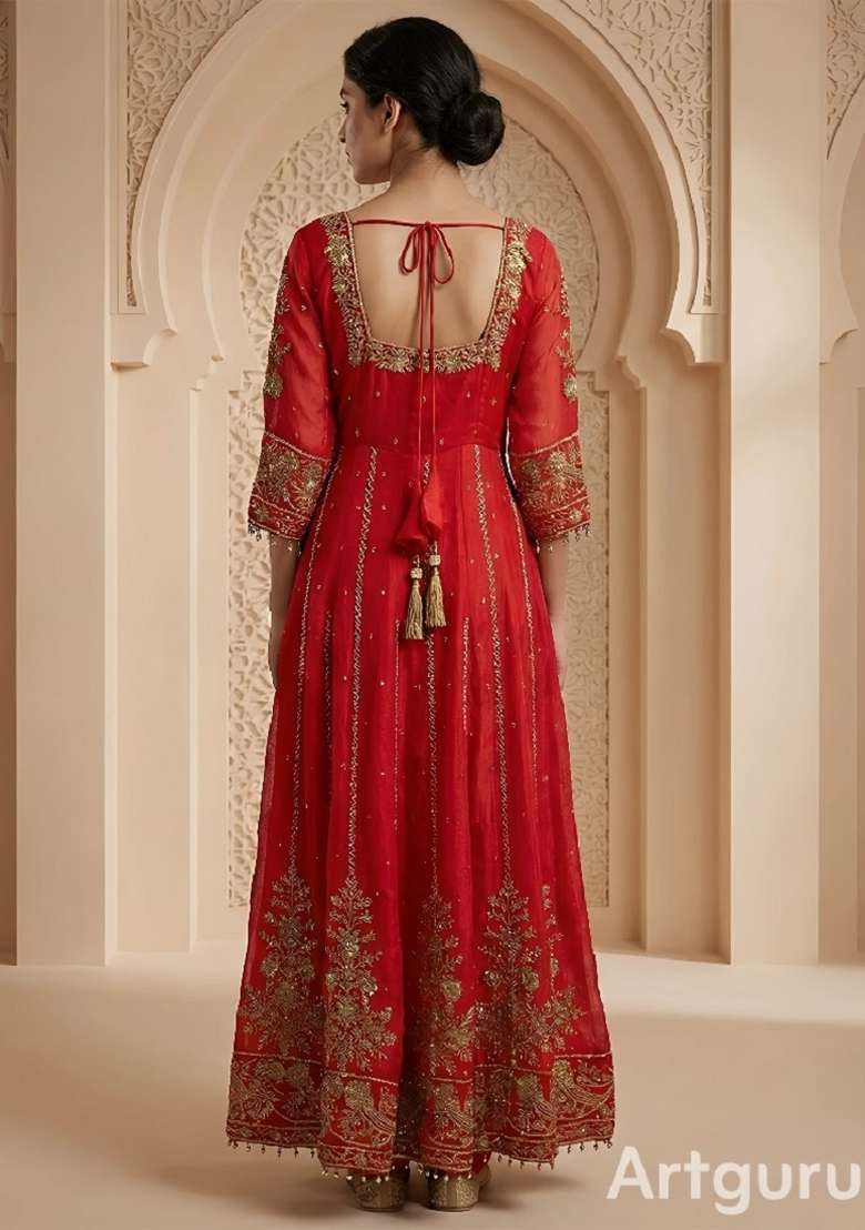 Orange Emboidered Silk Blend Kurta Set - Indya