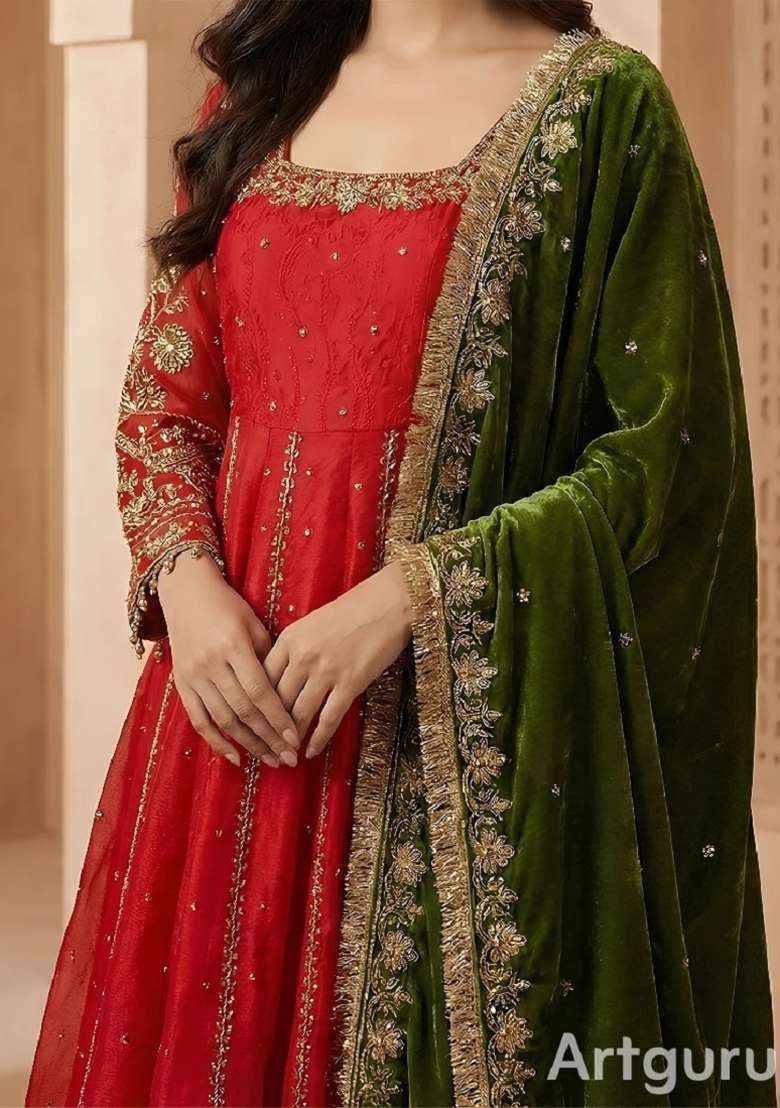 Orange Emboidered Silk Blend Kurta Set - Indya