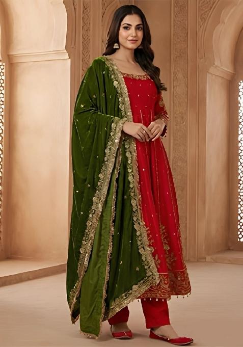 Orange Emboidered Silk Kurta Set