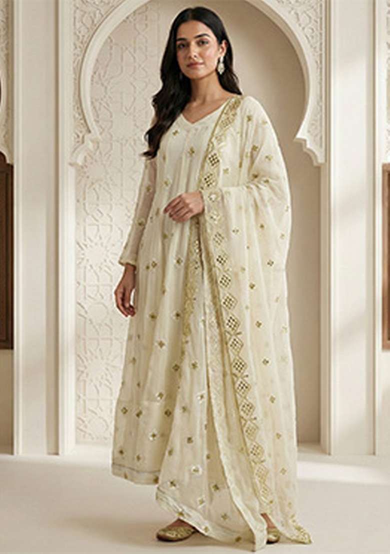 Off White Emboidered Faux Blooming Kurta Set - Indya