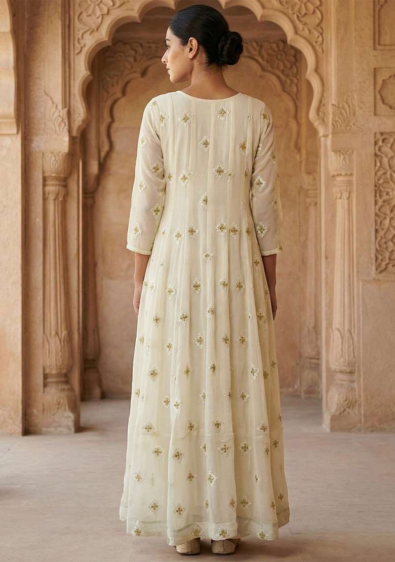 Off White Emboidered Faux Blooming Kurta Set - Indya