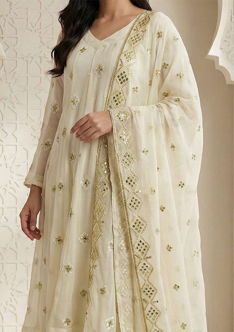 Off White Emboidered Faux Blooming Kurta Set - Indya