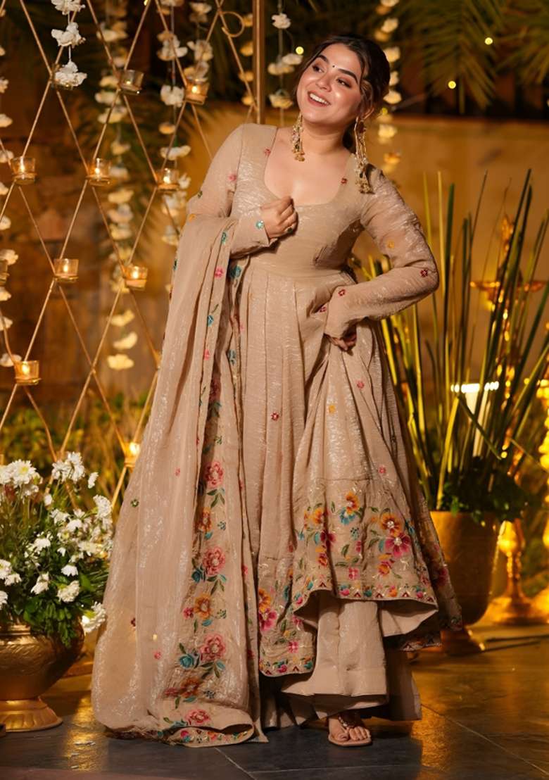 Beige Emboidered Silk Blend Kurta Set - Indya