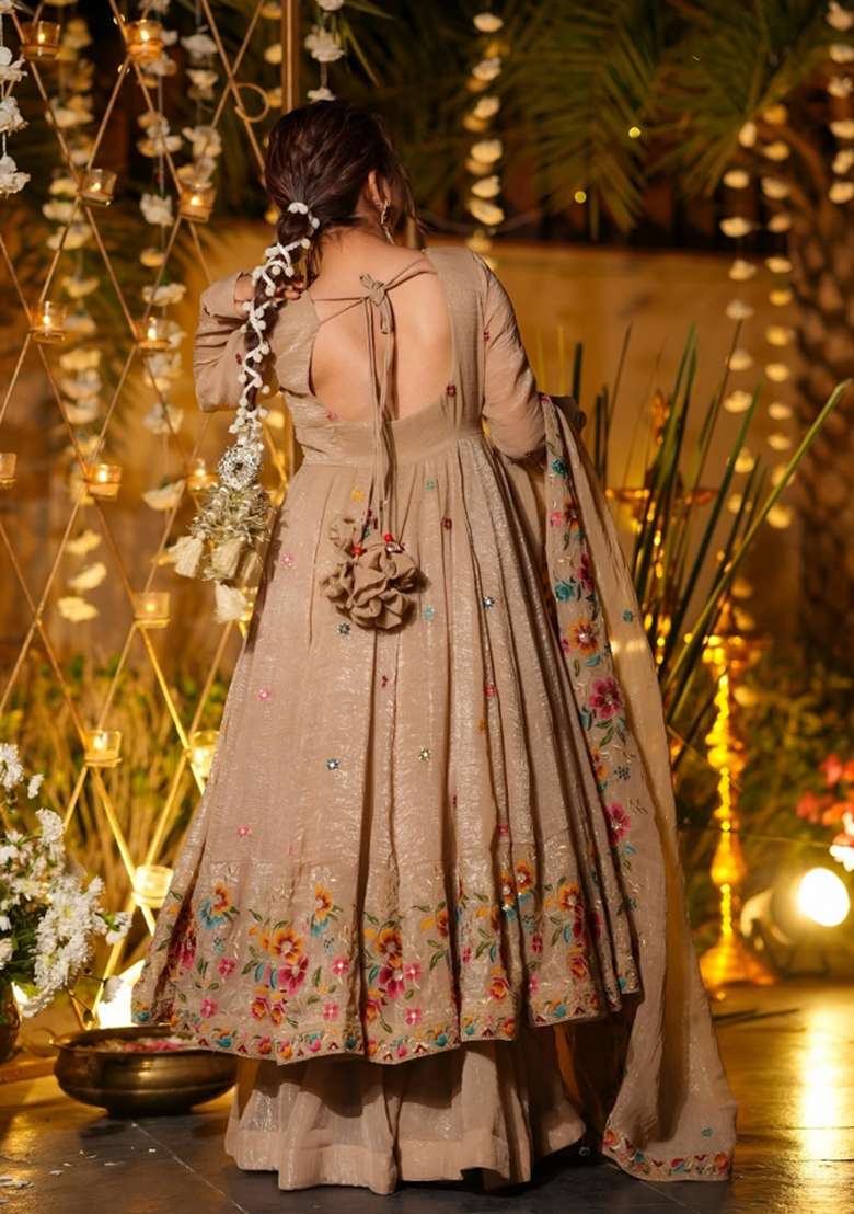 Beige Emboidered Silk Blend Kurta Set - Indya