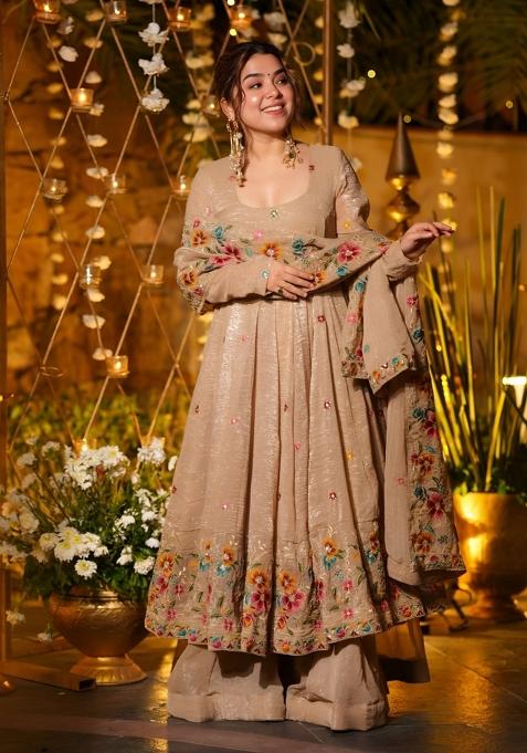 Beige Emboidered Silk Kurta Set