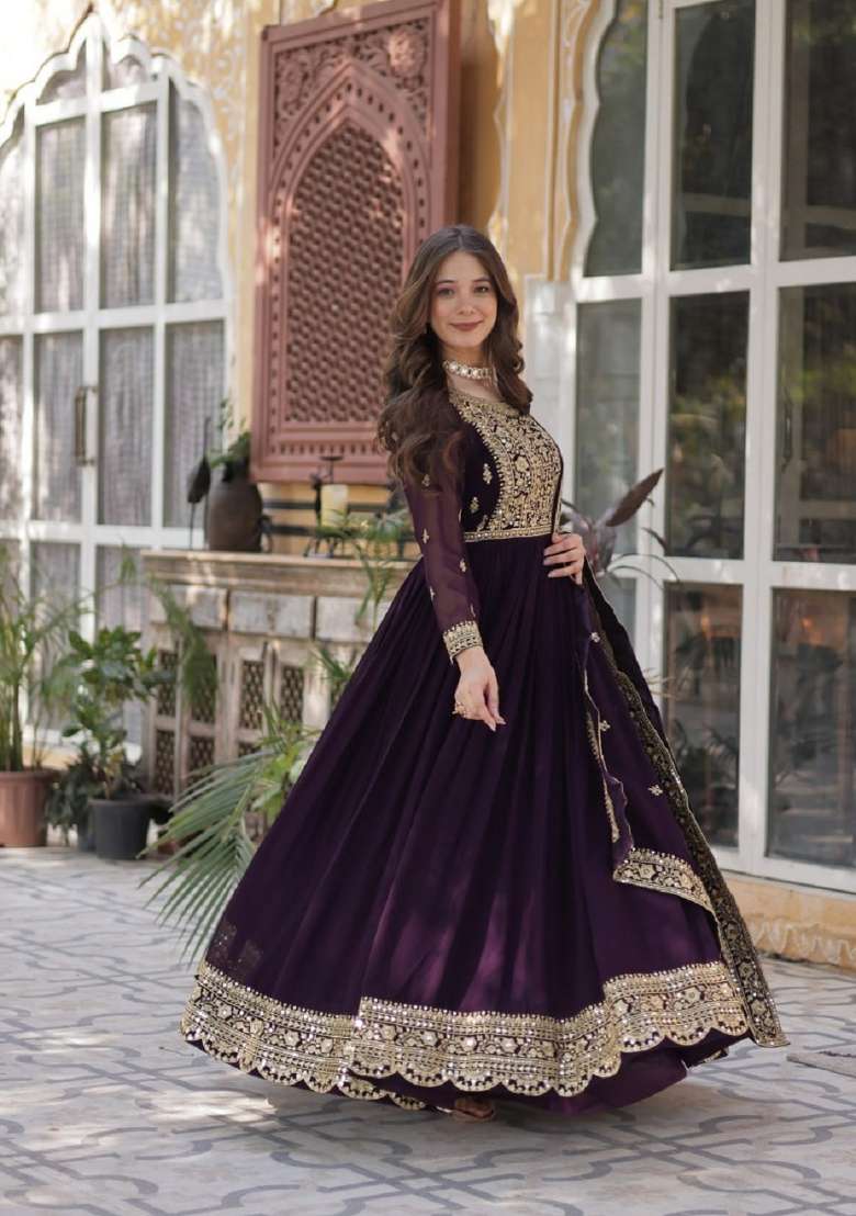 Wine Emboidered Georgette Kurta Set - Indya
