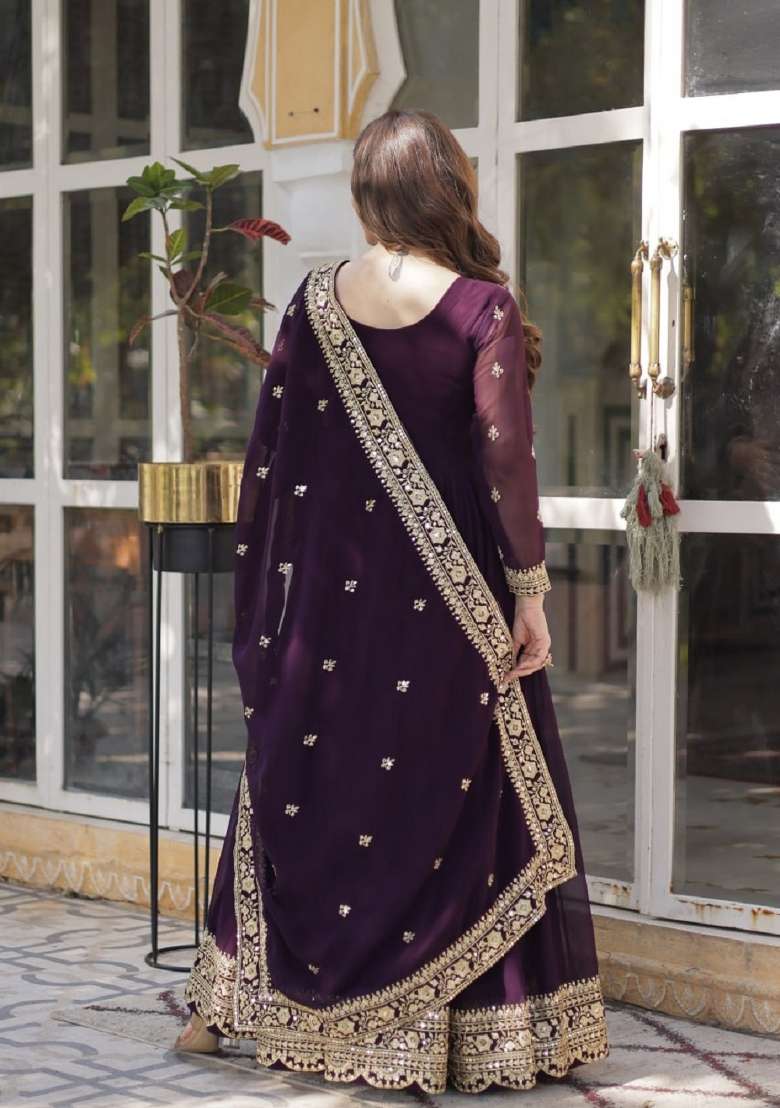 Wine Emboidered Georgette Kurta Set - Indya