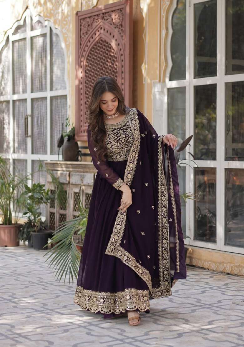 Wine Emboidered Georgette Kurta Set - Indya