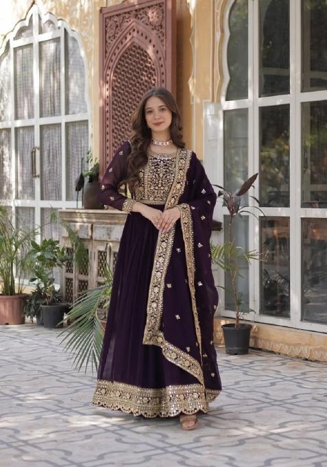 Wine Emboidered Georgette Kurta Set
