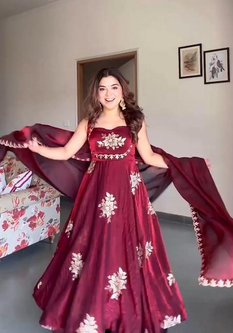 Maroon Emboidered Silk Kurta Set