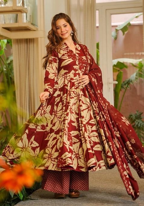 Red Emboidered Cotton Kurta Set