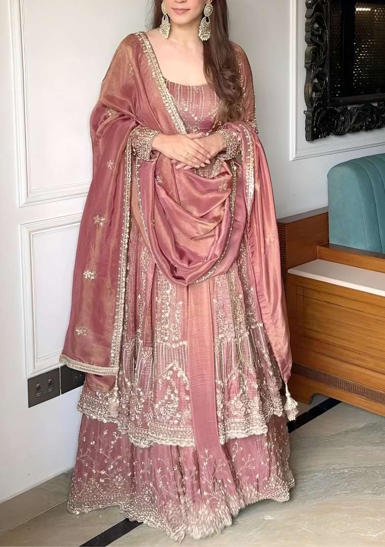 Dark Orange Emboidered Silk Blend Lehenga Set for Diwali | Wedding & Festive Wear - Indya
