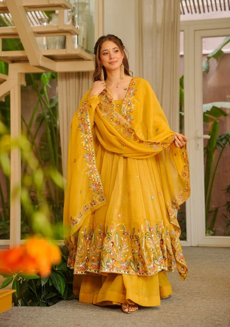 Yellow Emboidered Silk Sharara Set - Indya