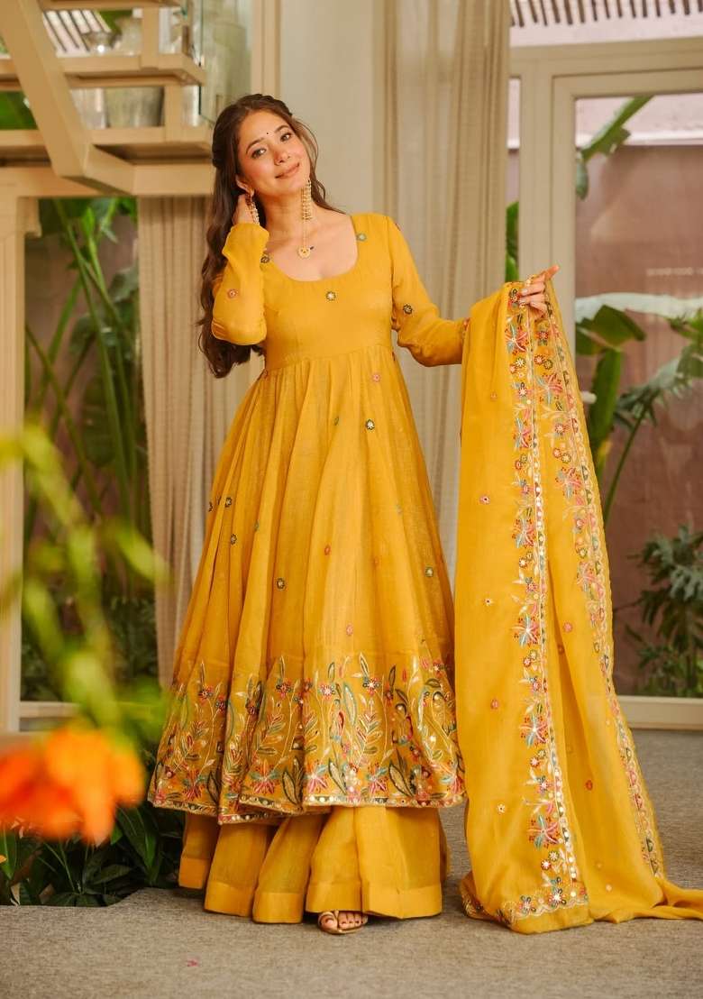 Yellow Emboidered Silk Sharara Set - Indya
