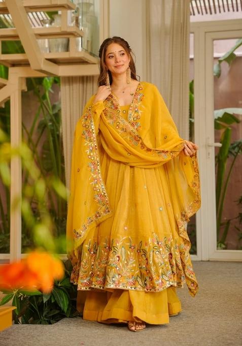 Yellow Emboidered Silk Sharara Set