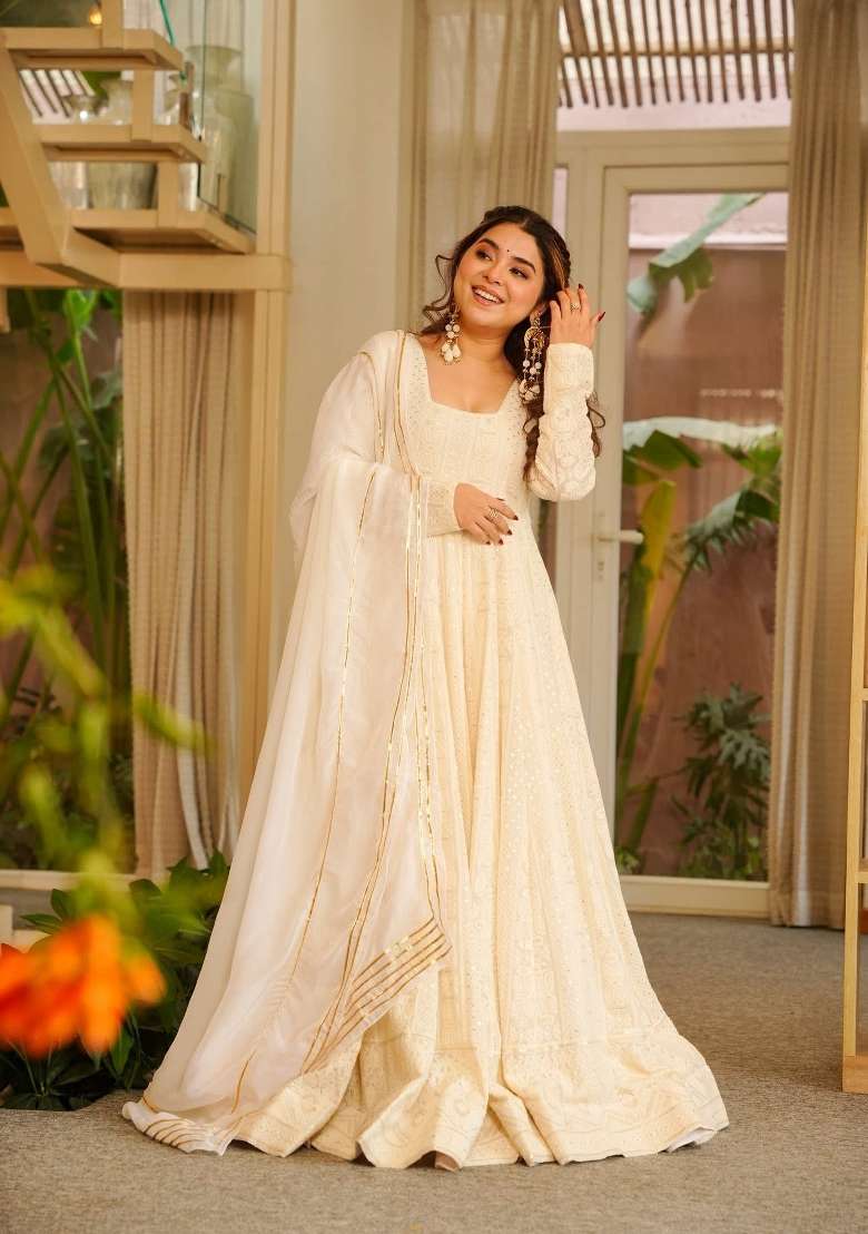 Cream Emboidered Georgette Kurta Set - Indya