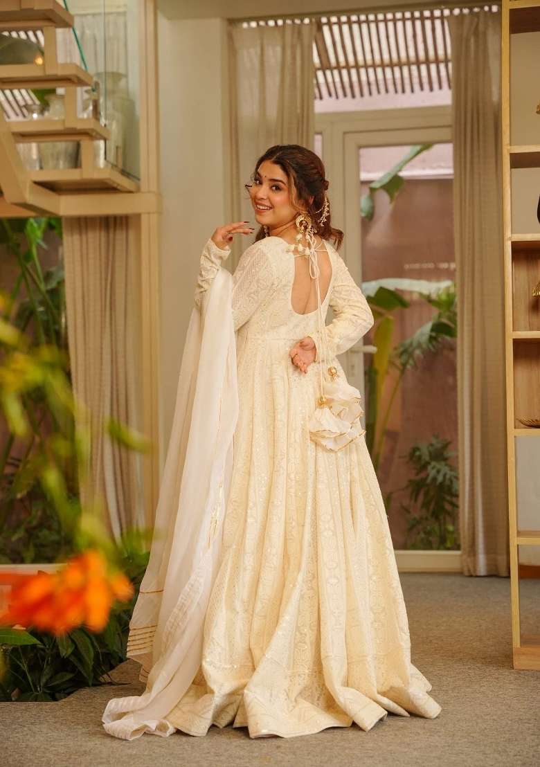Cream Emboidered Georgette Kurta Set - Indya