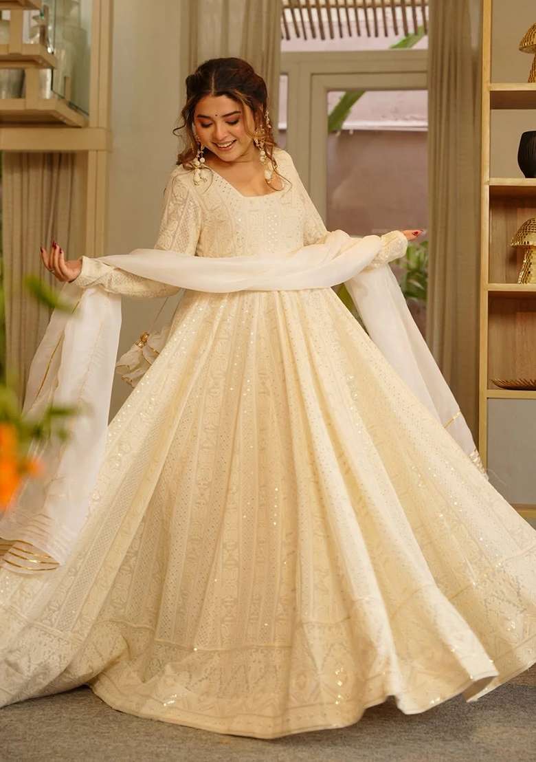 Cream Emboidered Georgette Kurta Set - Indya