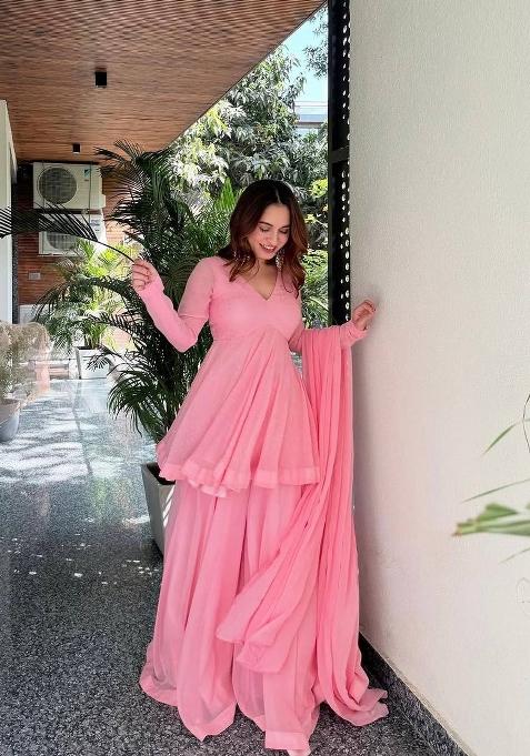 Pink Emboidered Faux Blooming Sharara Set