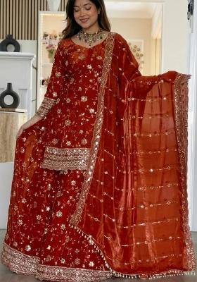 Orange Emboidered Silk Sharara Set