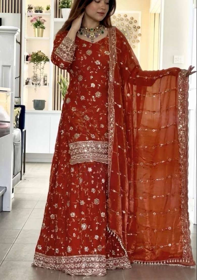 Orange Emboidered Silk Sharara Set - Indya