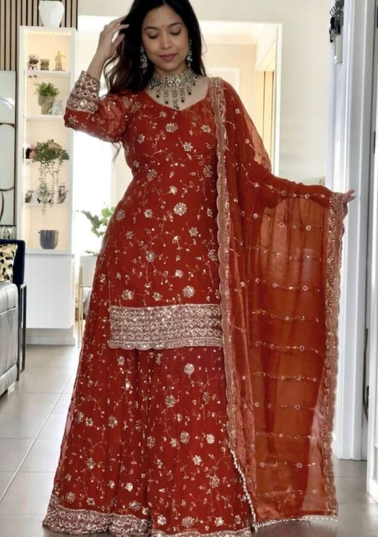 Orange Emboidered Silk Sharara Set - Indya