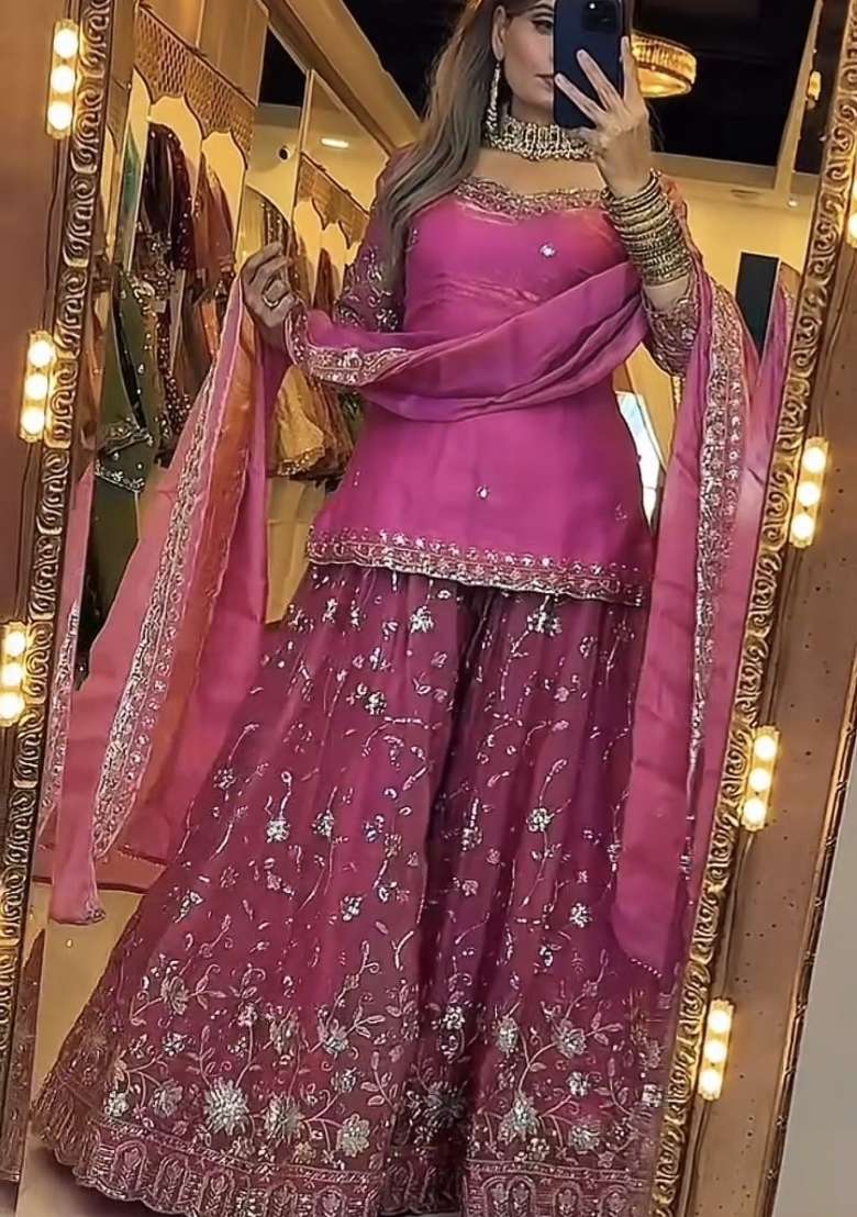 Rani Pink Emboidered Silk Sharara Set - Indya