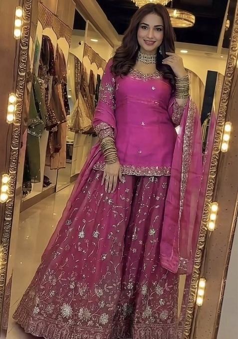 Rani Pink Emboidered Silk Sharara Set