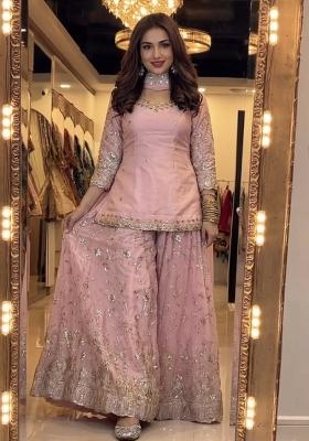Peach Emboidered Silk Sharara Set