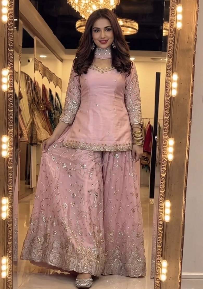Peach Emboidered Silk Sharara Set - Indya