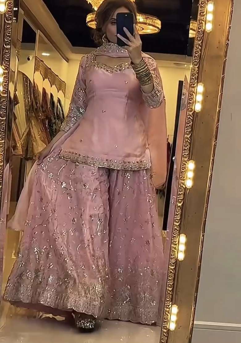 Peach Emboidered Silk Sharara Set - Indya