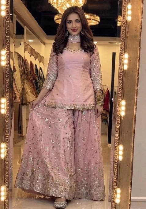 Peach Emboidered Silk Sharara Set