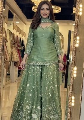 Green Emboidered Silk Sharara Set