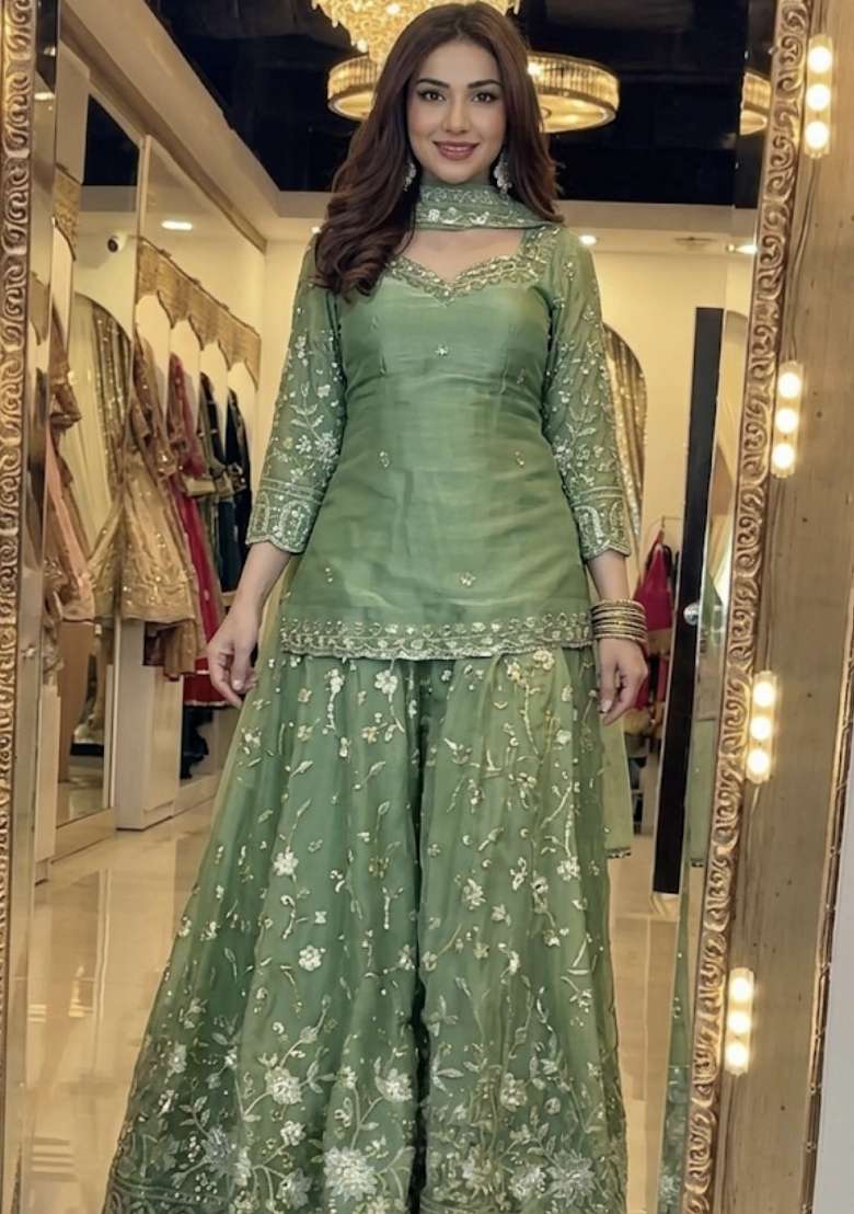 Green Emboidered Silk Sharara Set - Indya