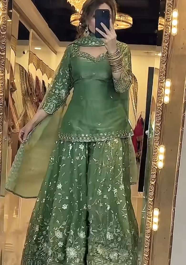 Green Emboidered Silk Sharara Set - Indya