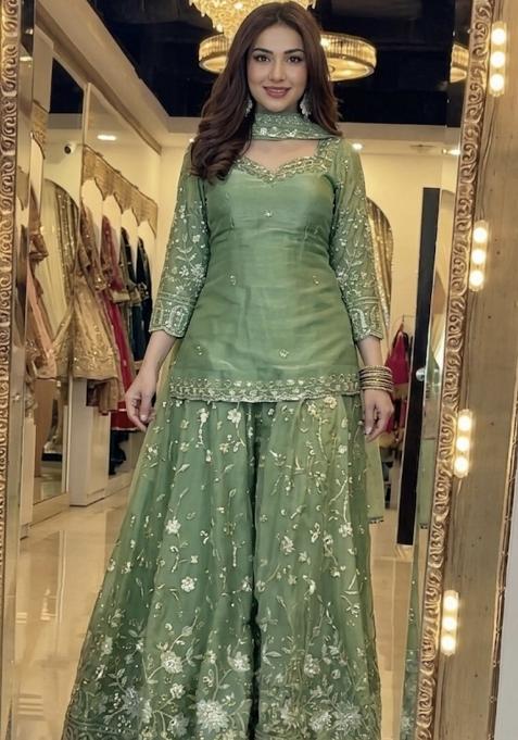 Green Emboidered Silk Sharara Set