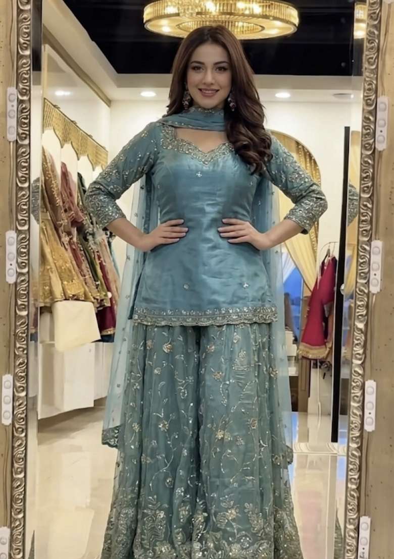 Sky Blue Emboidered Silk Sharara Set - Indya