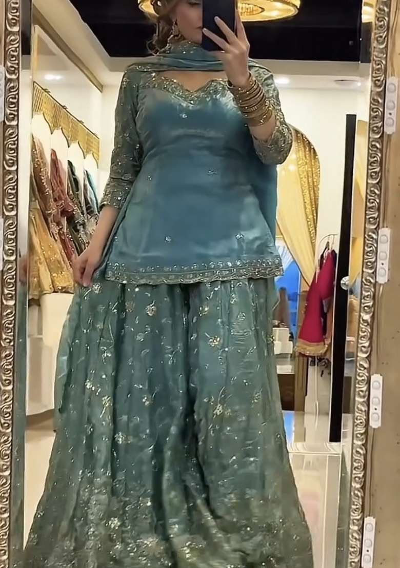 Sky Blue Emboidered Silk Sharara Set - Indya