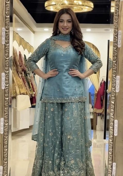Sky Blue Emboidered Silk Sharara Set