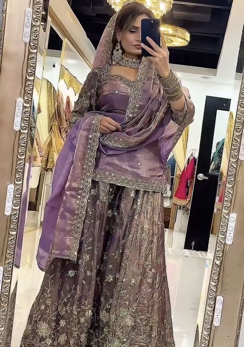 Light Purple Emboidered Silk Sharara Set - Indya