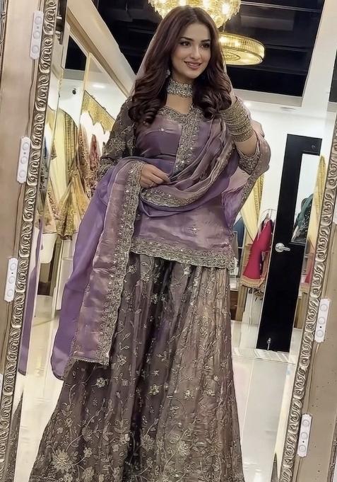 Light Purple Emboidered Silk Sharara Set