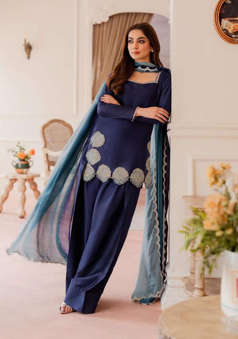Navy Blue Emboidered Silk Sharara Set - Indya