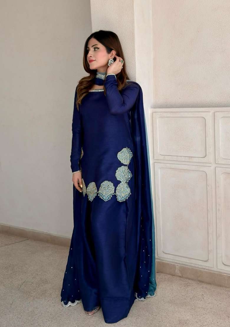 Navy Blue Emboidered Silk Sharara Set - Indya