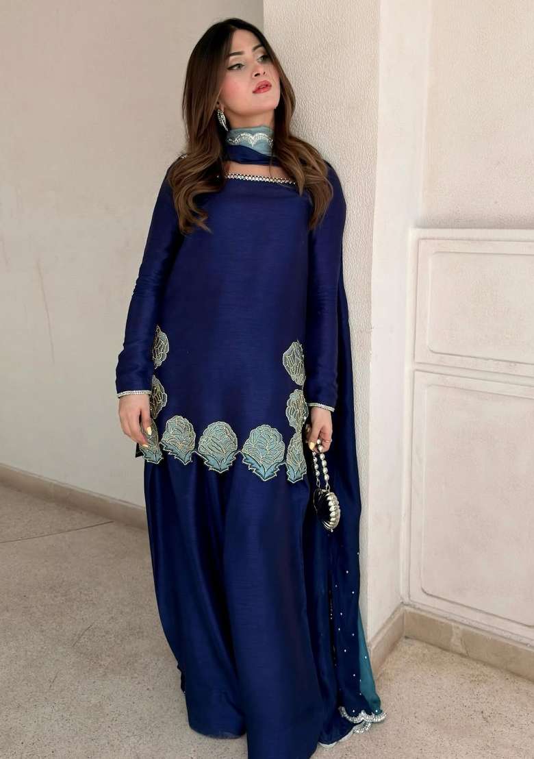 Navy Blue Emboidered Silk Sharara Set - Indya